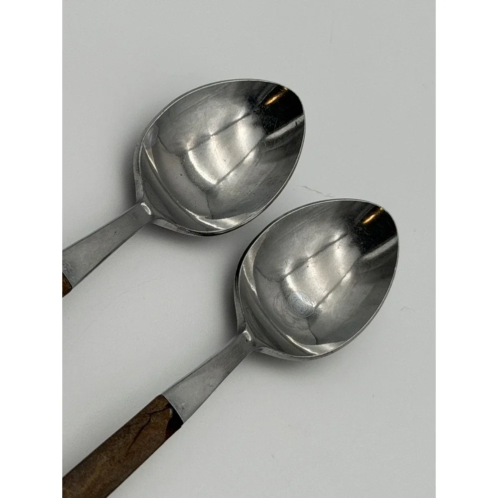Pyramid Stainless Japan Faux Wood Handle Spoons Set of 2 Mid-Century Modern MCM